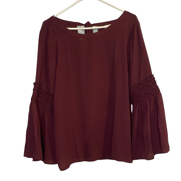 Loft Shirt Size Small Womens Wine Purple Tie Back Bell Sleeve Blouse Top New‎ - Picture 1 of 4